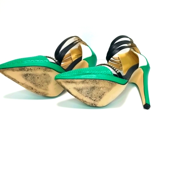 Beau + Ashe Cage Pointed Toe Stiletto Heels Size 6 Teal Green White & Black Desi - Picture 3 of 7